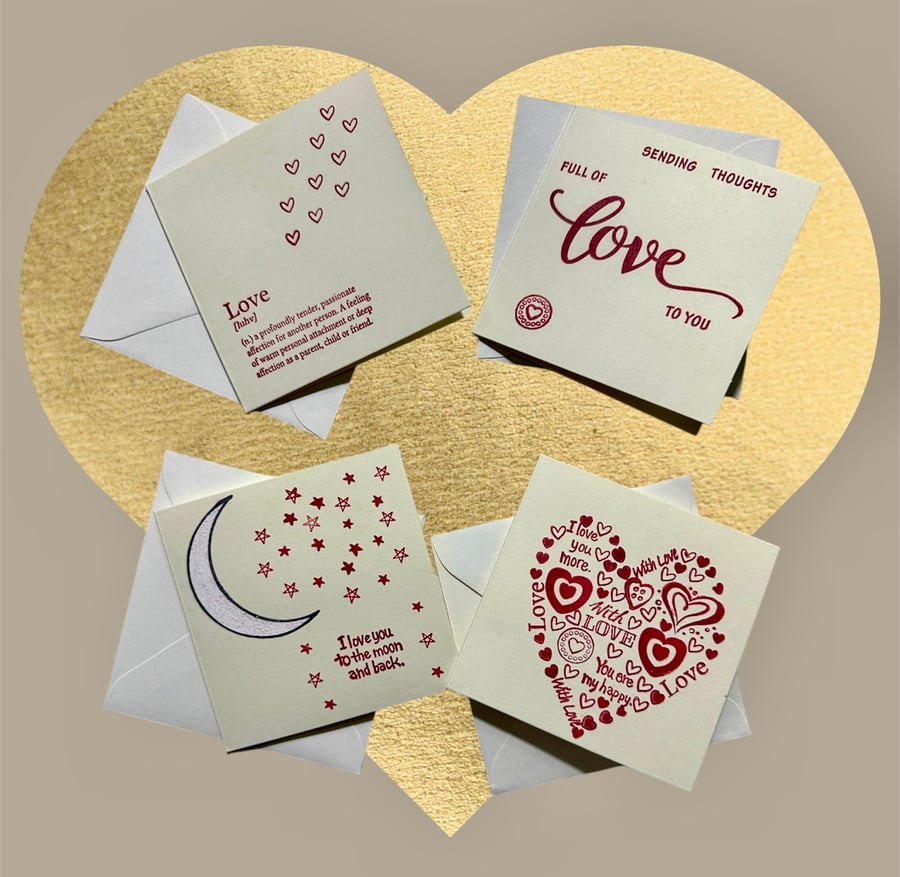 Deep red on cream unisex valentine cards, elegant and understated. 5 designs.  