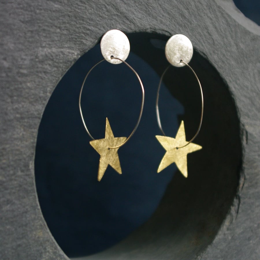Swinging Brass Star on a Silver  Moon Stud  Earrings 