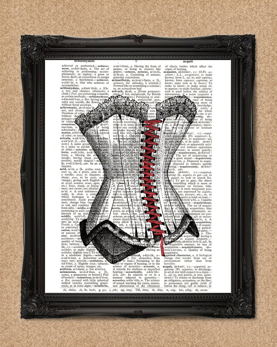 RED LACED CORSET DICTIONARY PRINT costume illustration A073D
