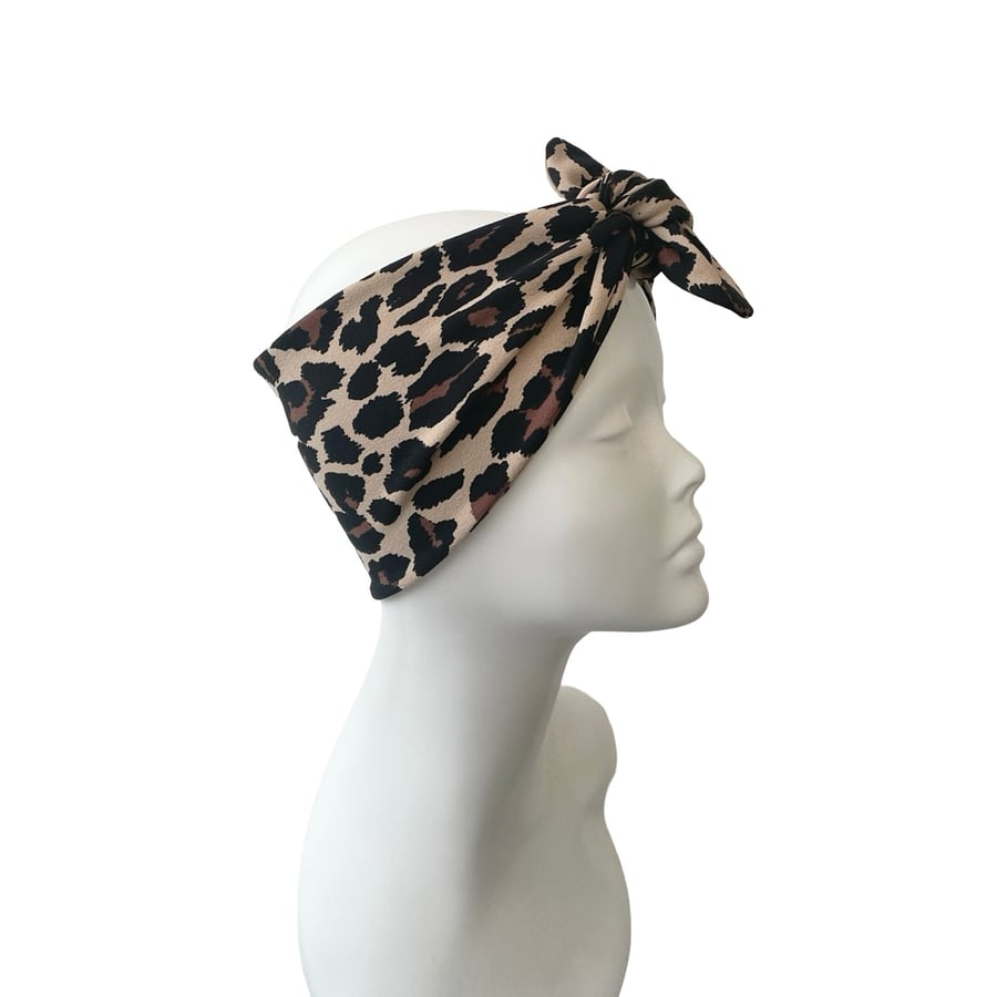 Wide Pin Up Leopard Print Tie Up Headband, Gifts for Her, Leopard Hair Tie Women