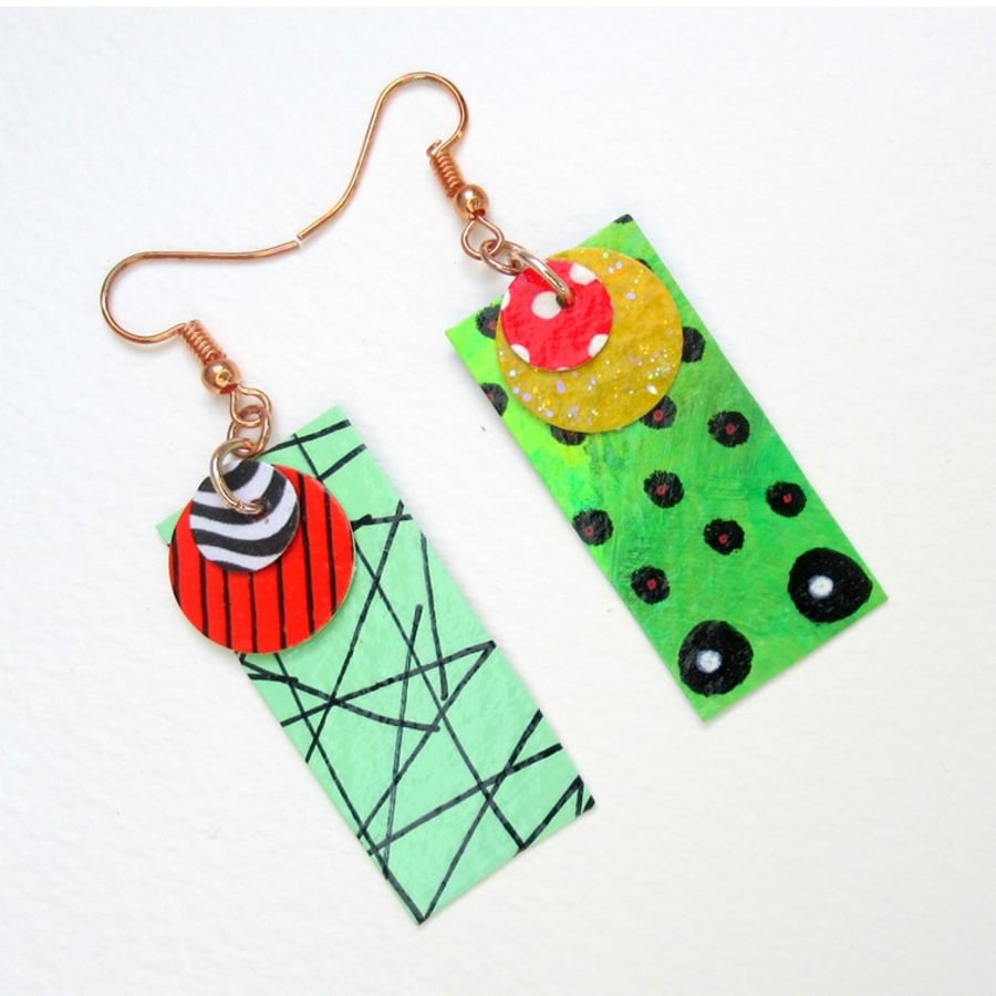 Unmatched Earrings Green Red Bright Coloured Unique Hand Painted Jewellery