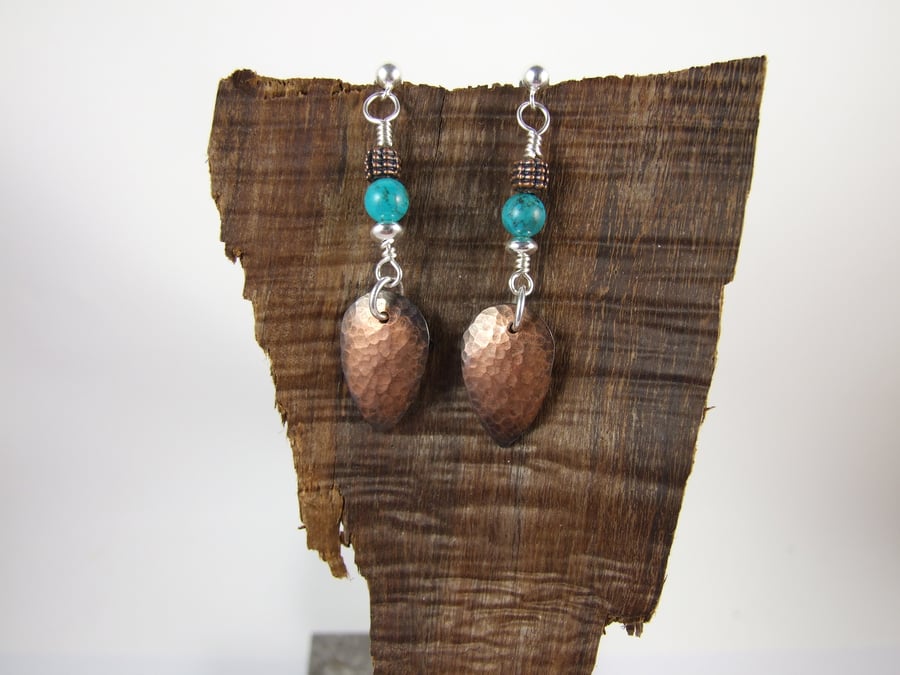 Earrings, Sterling Silver, Teal Howlite and Hammered Copper Leaf