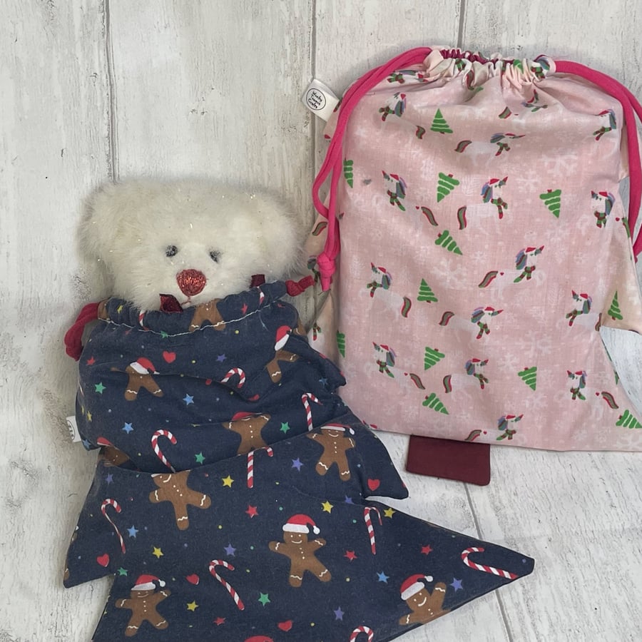 Set of two Christmas tree drawstring, reusable gift bags. Kid's choice