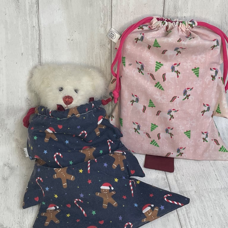 Set of two Christmas tree drawstring, reusable gift bags. Kid's choice