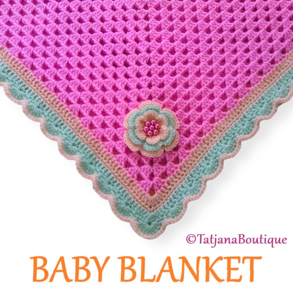 Crochet Baby Blanket, Pink Mint Peach Baby Blan... - Folksy