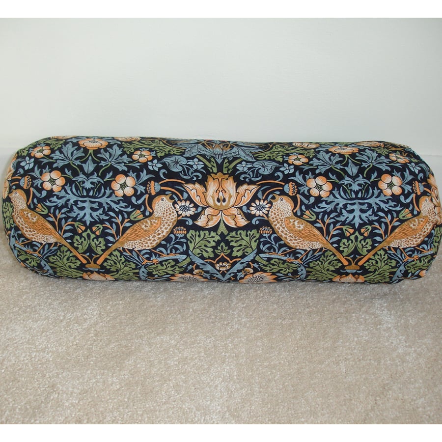 William Morris Strawberry Thief Bolster Cushion COVER 16"x6" Cylinder Navy Blue