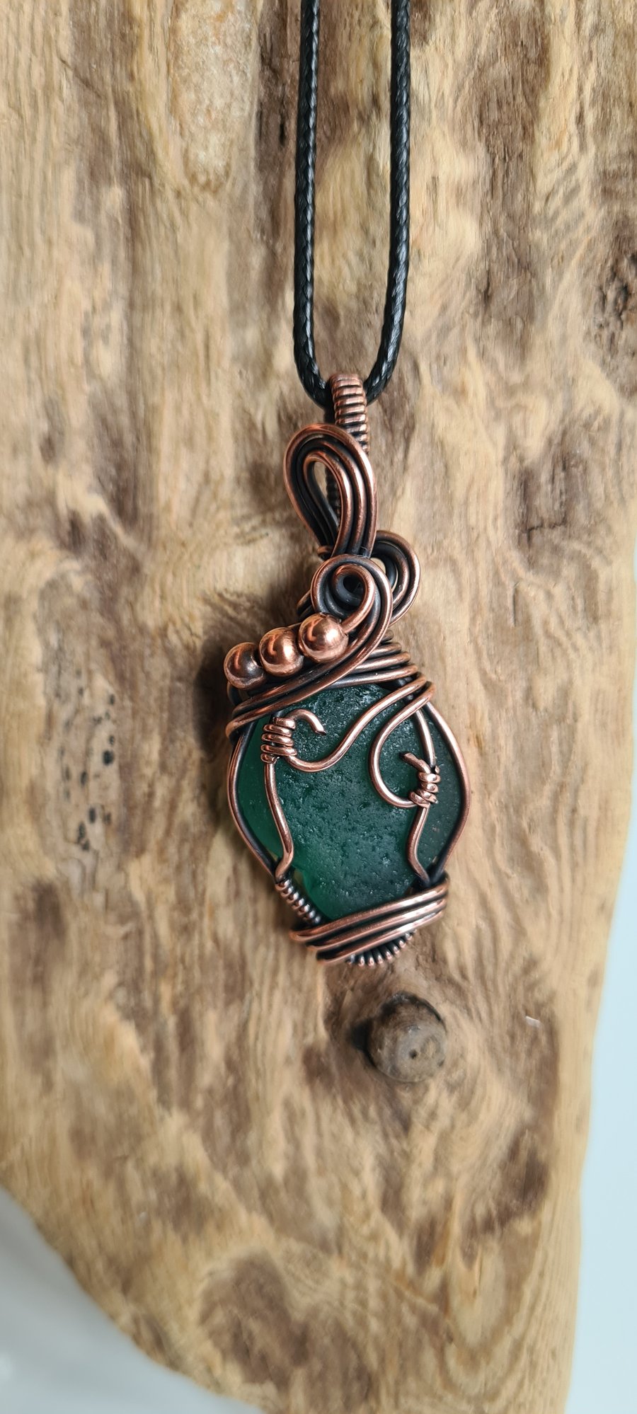 Natural Green Welsh Sea Glass & Copper Pendant Necklace Gift Boxed Jewellery 