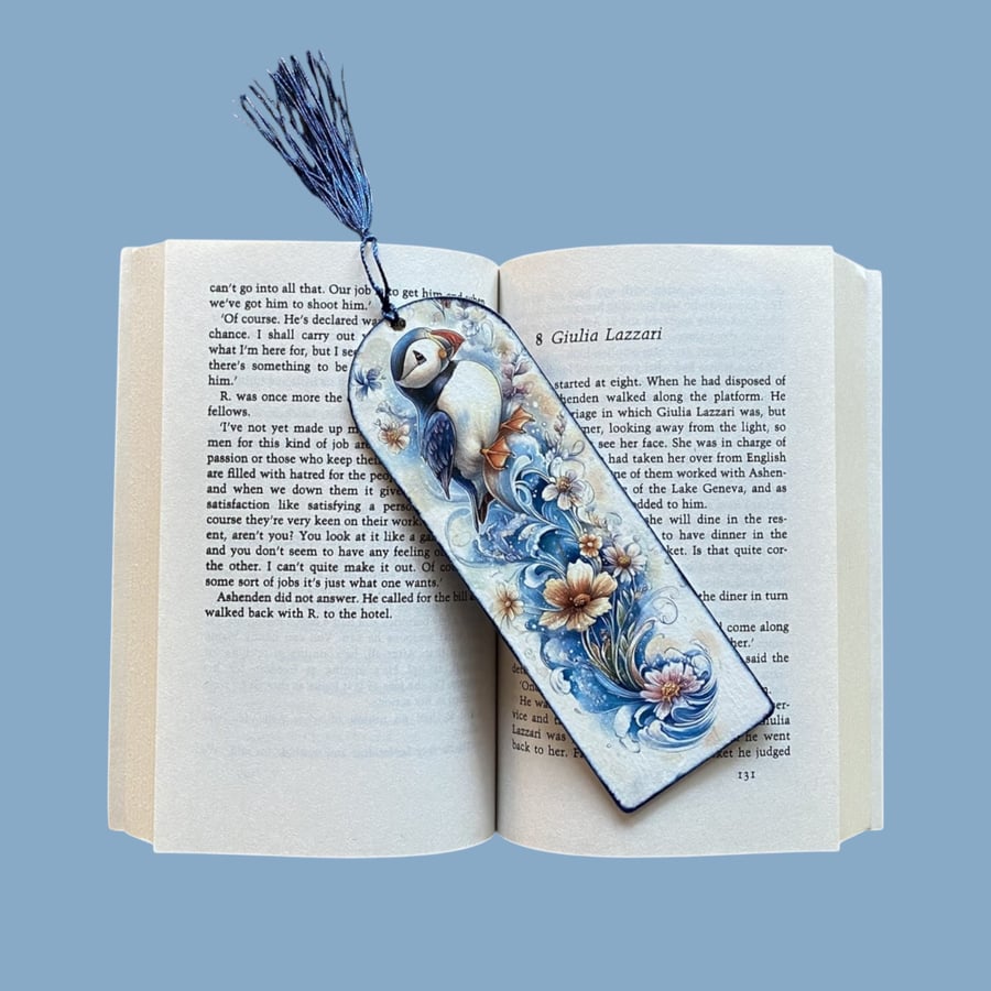 Bookmark, wooden decoupage bookmark, Puffin