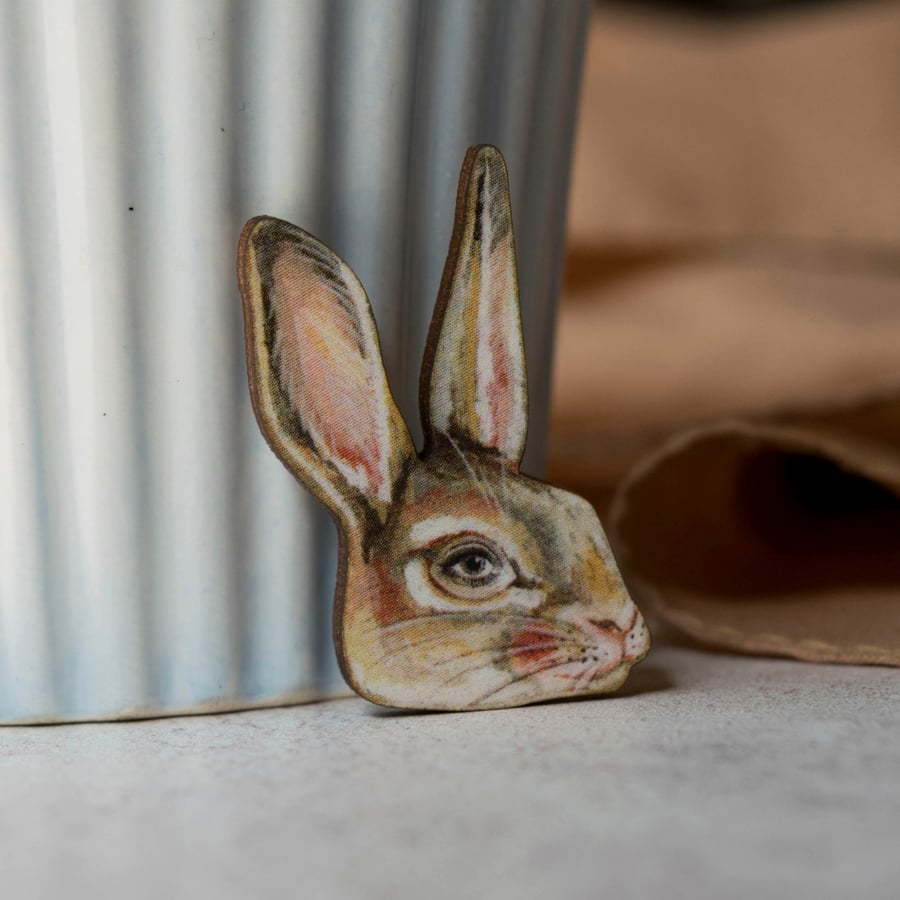 Bunny rabbit laser cut wooden brooch