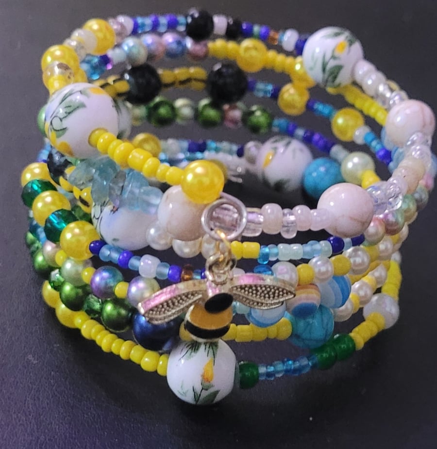 Pretty Flower and Bee Wire Wrap Bracelet