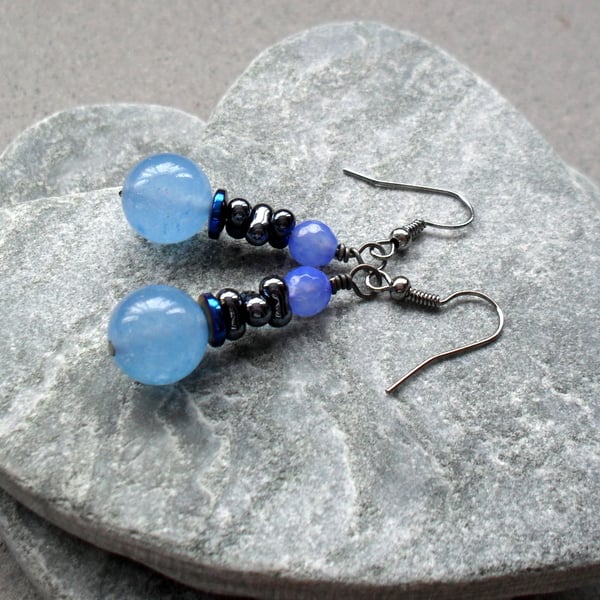 Blue Quartz Blue Agate Drop Black Tone Earrings