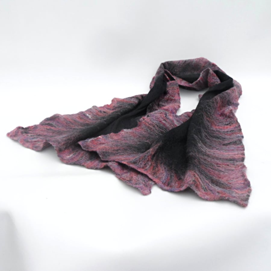 Black nuno felted silk scarf with pink and purple border