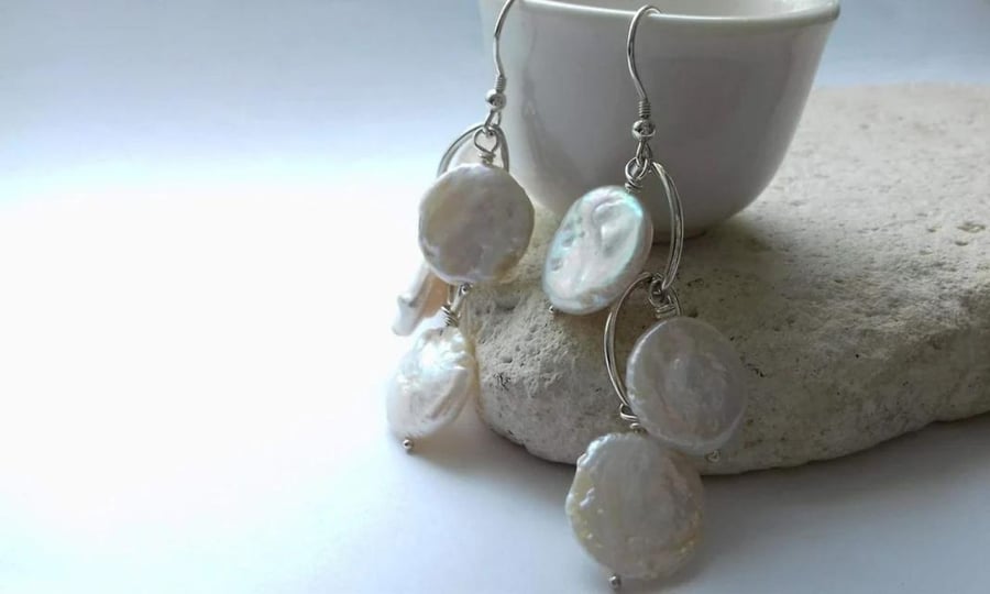 White Coin Blister Pearl Waterfall Earrings