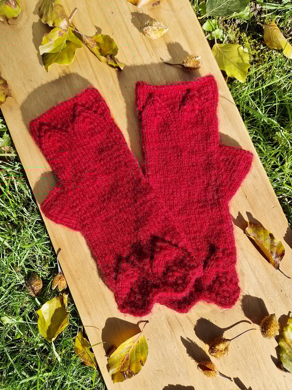 Hand Knitted Cranberry Red Lace Fingerless Gloves 