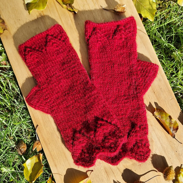 Hand Knitted Cranberry Red Lace Fingerless Gloves 