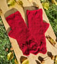 Hand Knitted Cranberry Red Lace Fingerless Gloves  - Image 1