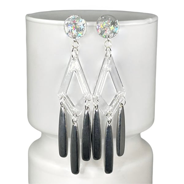 IRIDESCENT CHANDELIER EARRINGS chrome drop disco clear acrylic