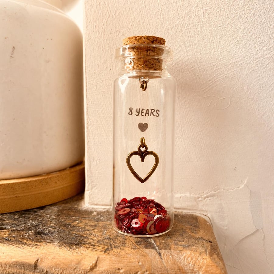Personalised 8th Bronze Anniversary Heart Message Bottle Keepsake