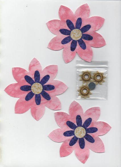 ChrissieCraft 3 embellished die-cut pink & purple CLEMATIS flowers for APPLIQUE