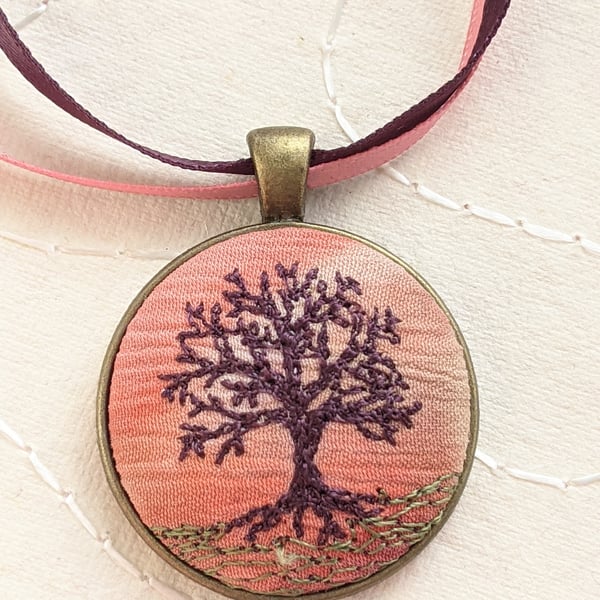 Winter tree embroidered necklace pendant