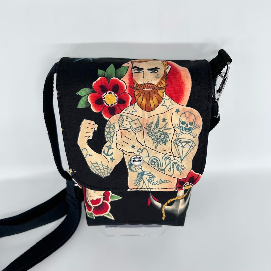 Small crossbody bag with a tattoo theme cotton fabric, with adjustable strap