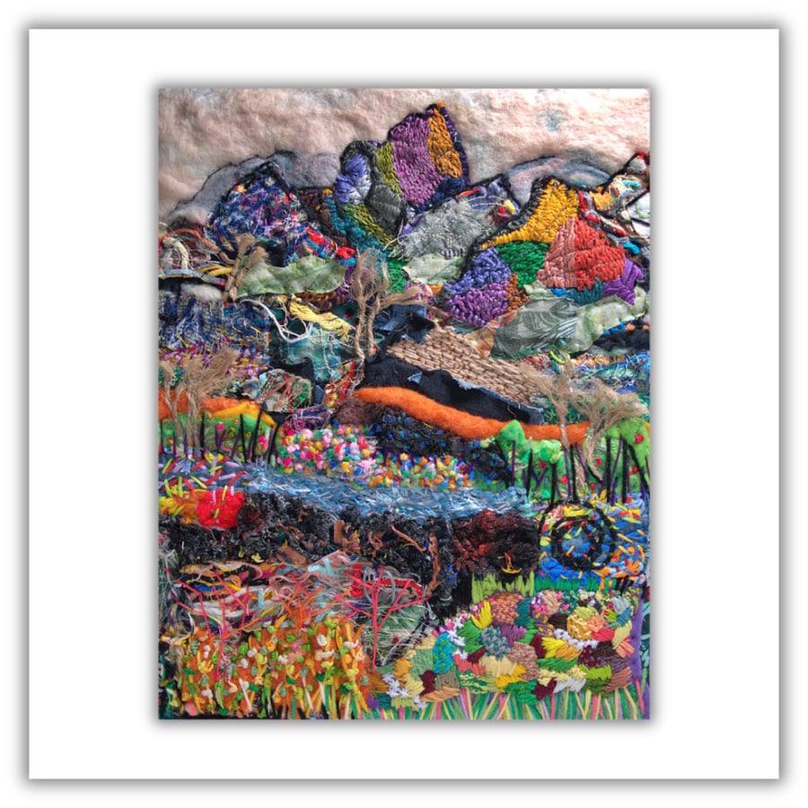 Hand stitched landscape - felt and needlework - Scotland - framed - fibre art