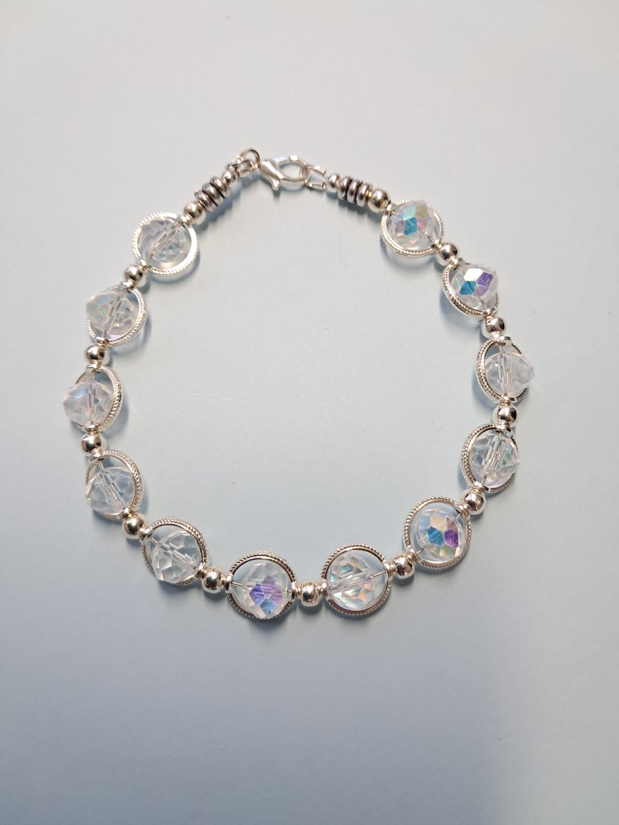 Handmade Crystal Clear Faceted Beads and Engraved Link Bracelet 