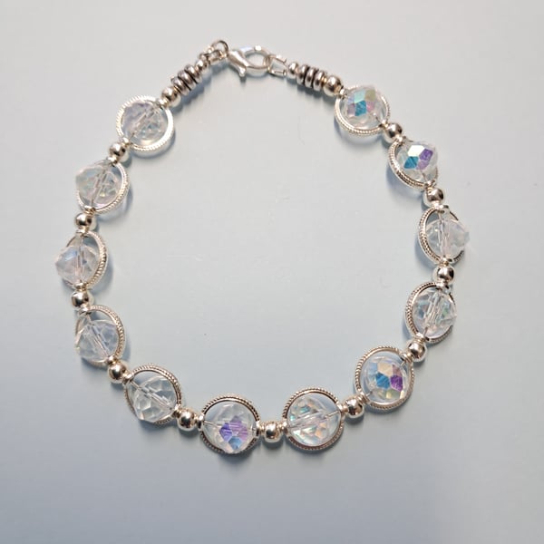Handmade Crystal Clear Faceted Beads and Engraved Link Bracelet 