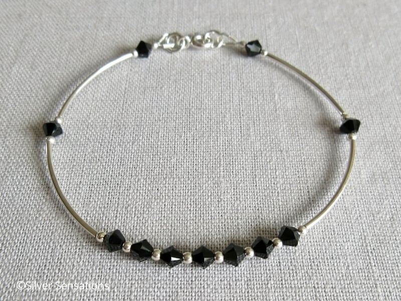 Jet Black Swarovski Crystals & Sterling Silver Curve Tubes Bangle Bracelet