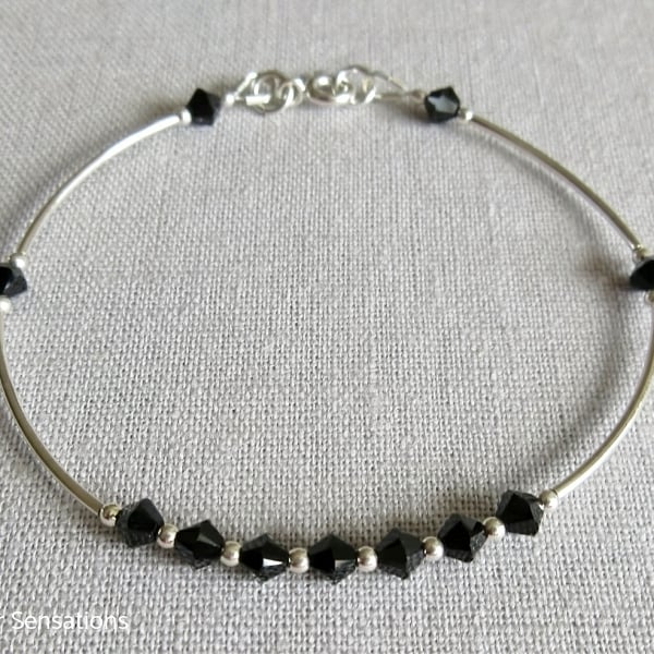 Jet Black Swarovski Crystals & Sterling Silver Curve Tubes Bangle Bracelet