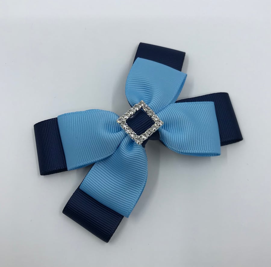Navy and Light Blue Double Layer Bow on Clip