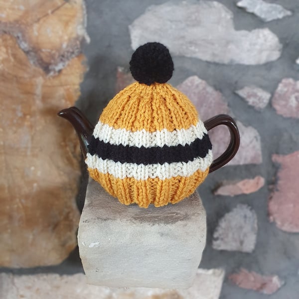 Small Tea Cosy for 2 Cup Tea Pot, Yellow, Black, Cream Hand Knitted, Wool Mix