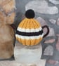 Small Tea Cosy for 2 Cup Tea Pot, Yellow, Black, Cream Hand Knitted, Wool Mix