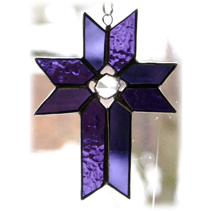 Cross Suncatcher Stained Glass Handmade Purple Crystal 