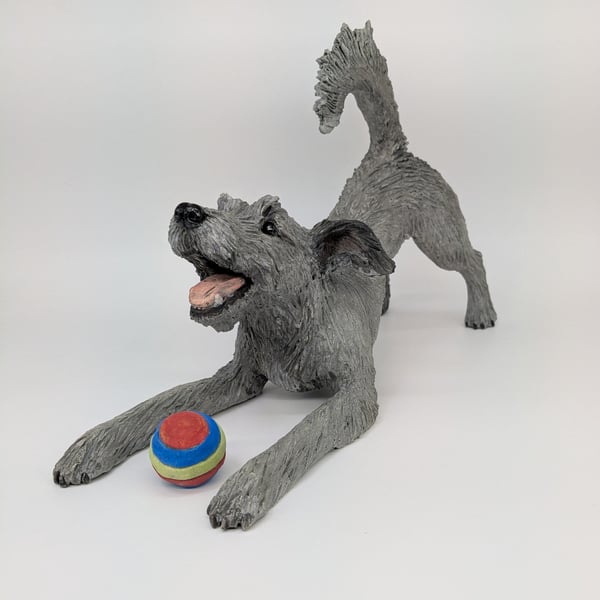 Brand New Scruffy Lurcher Sculpture with ball 