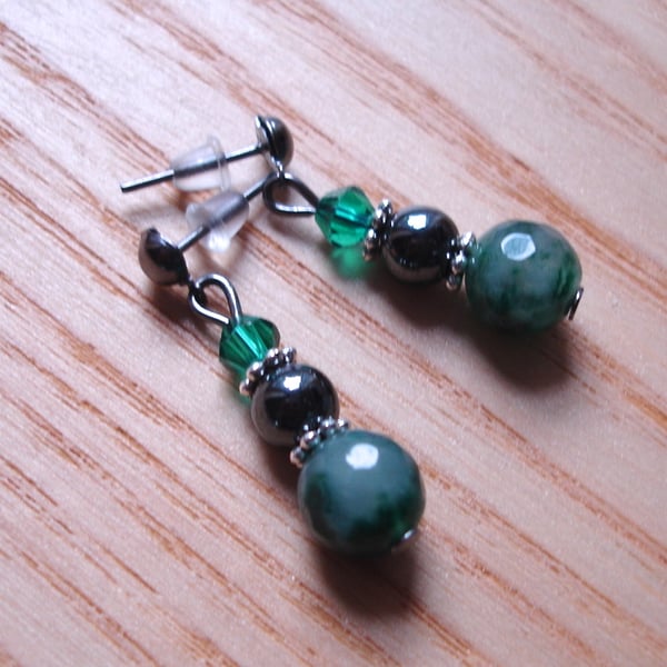 Sparkly Moss Green Agate, Magnetic Hematite and Crystal Bead Earrings