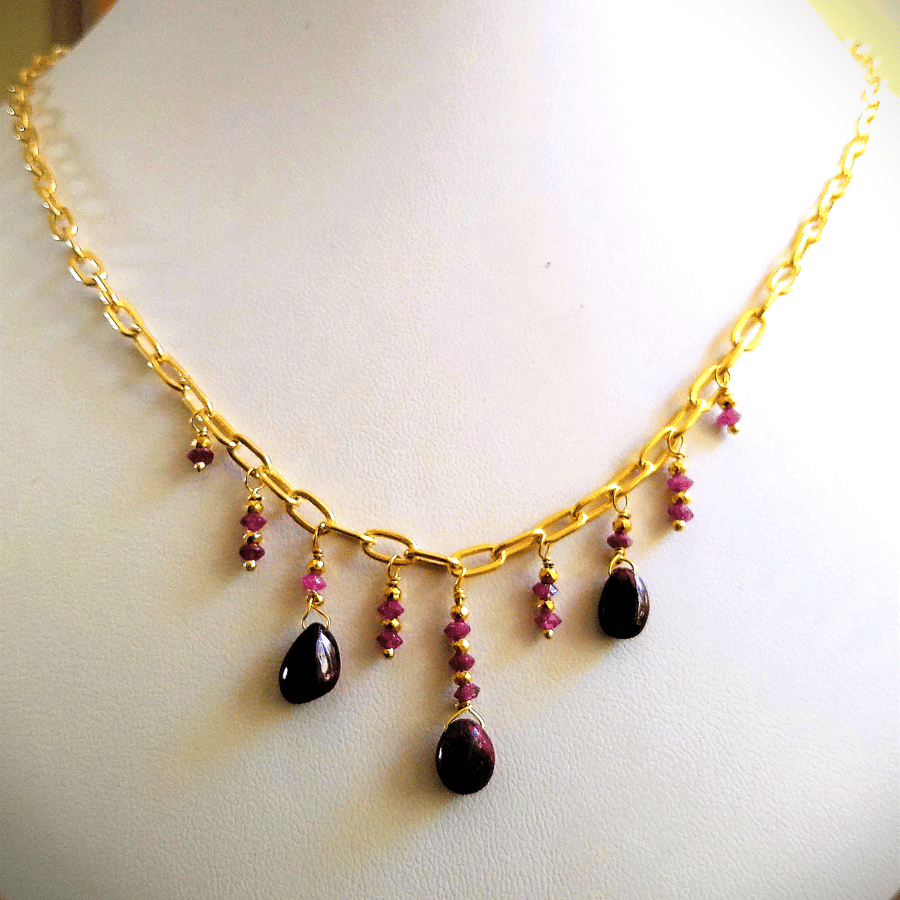Genuine Ruby Waterfall Gold Paperclip Chain Necklace, Ruby Charm Gold Necklace