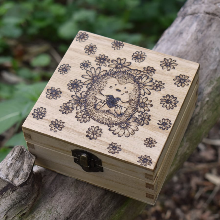 Hedgehog in the garden. Pyrography wooden box.
