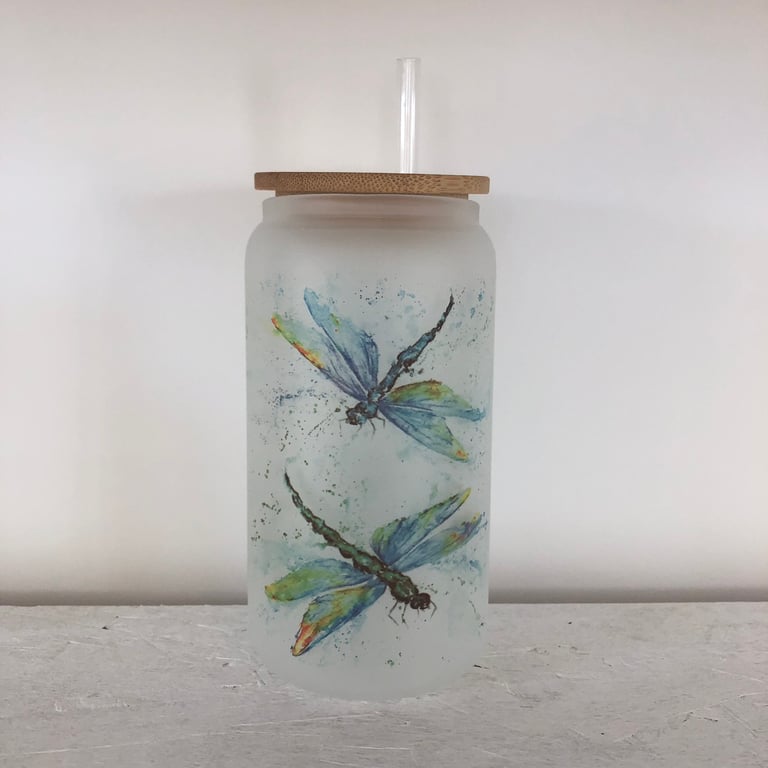 Dragonfly Frosted Glass Tumbler with Bamboo Lid & Straw, 500ml Can Drinks Glass.
