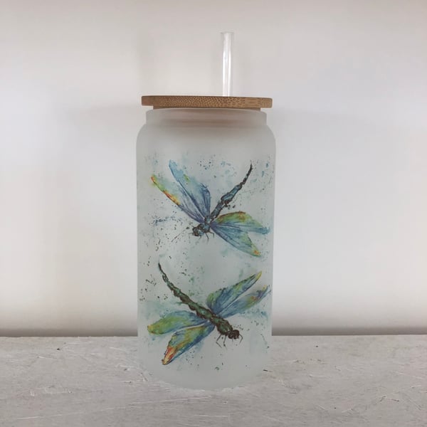 Dragonfly Frosted Glass Tumbler with Bamboo Lid & Straw, 500ml Can Drinks Glass.