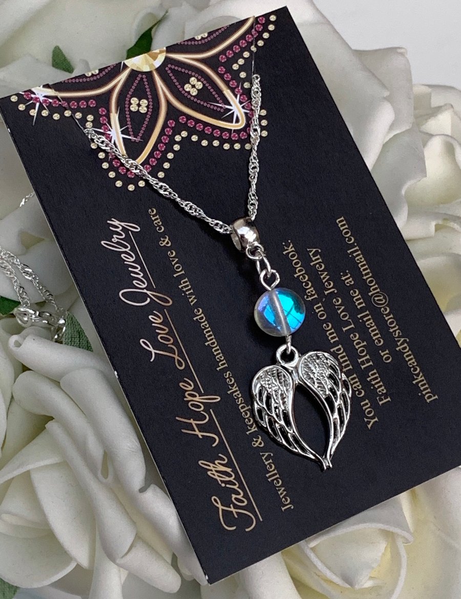 Gemstone Rainbow Moonstone Angel Wings Pendant On 925 Sterling Silver Chain 
