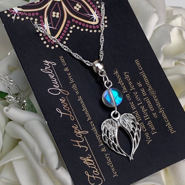 Gemstone Rainbow Moonstone Angel Wings Pendant On 925 Sterling Silver Chain 