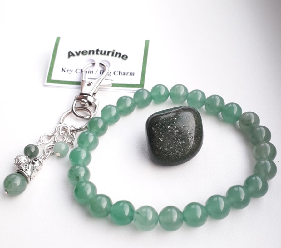 Aventurine stretch bracelet bag charm tumblestone gift set