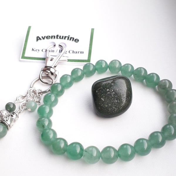 Aventurine stretch bracelet bag charm tumblestone gift set