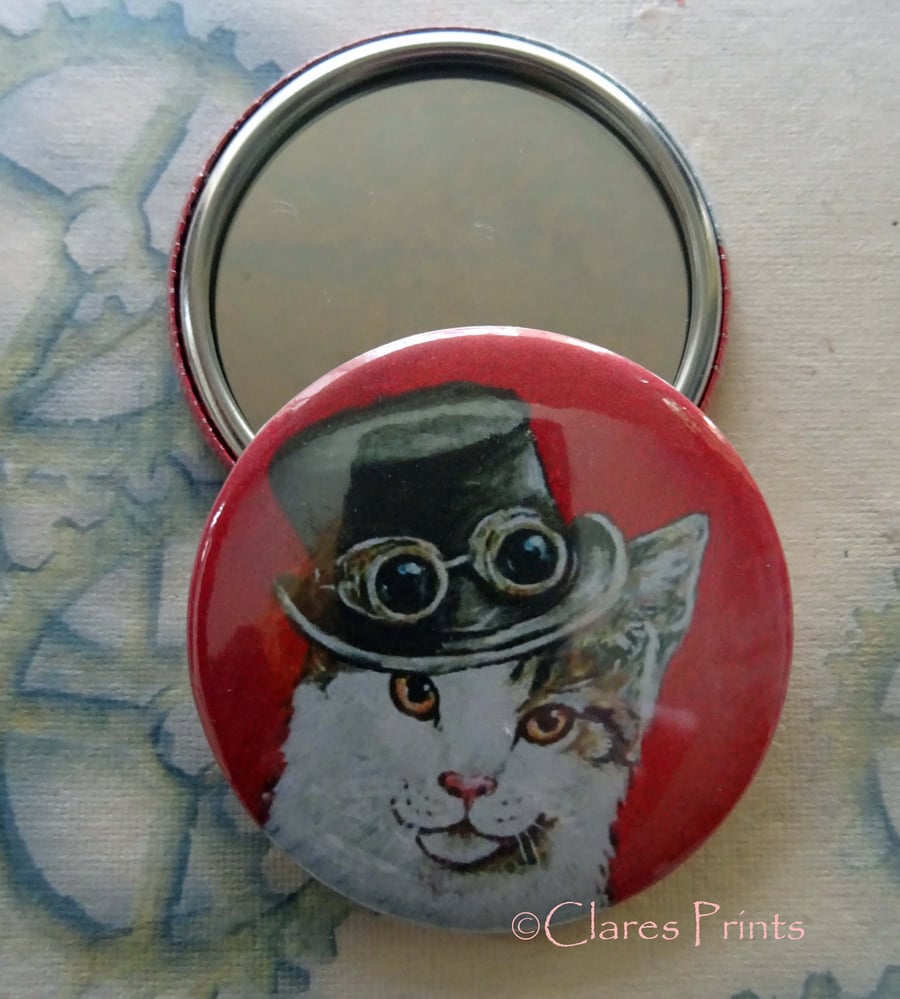 Steampunk Cat Art 58mm Pocket Mirror Animal Cats Top Hat