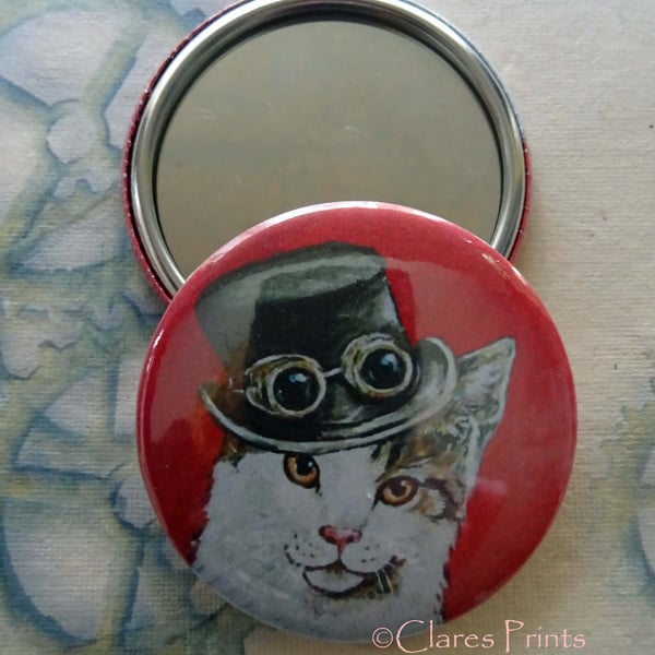 Steampunk Cat Art 58mm Pocket Mirror Animal Cats Top Hat
