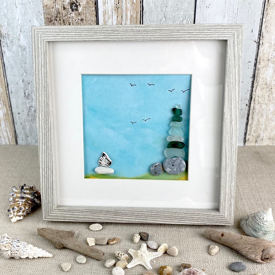 Pebble Sea Glass Lighthouse and Boat Scene
