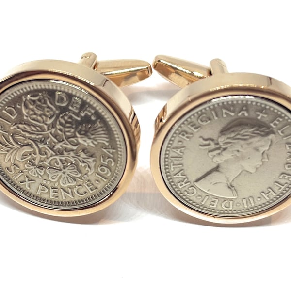 Premium Rose Gold plated 1954 Sixpence Cufflinks for a 70th birthday HT