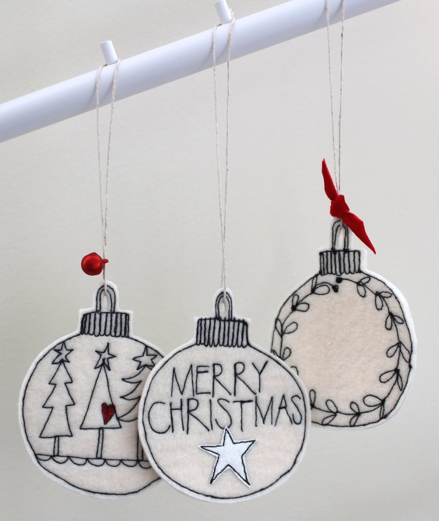 Three Wool Felt Christmas Baubles - Hanging Decorations
