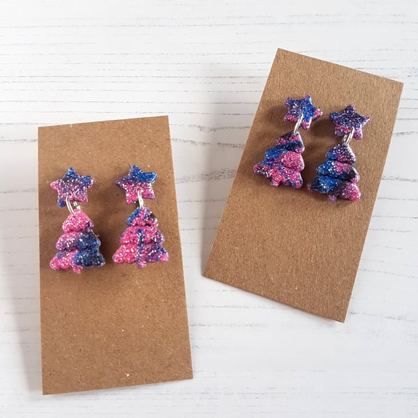 Galaxy style star and Christmas tree glitter stud earrings